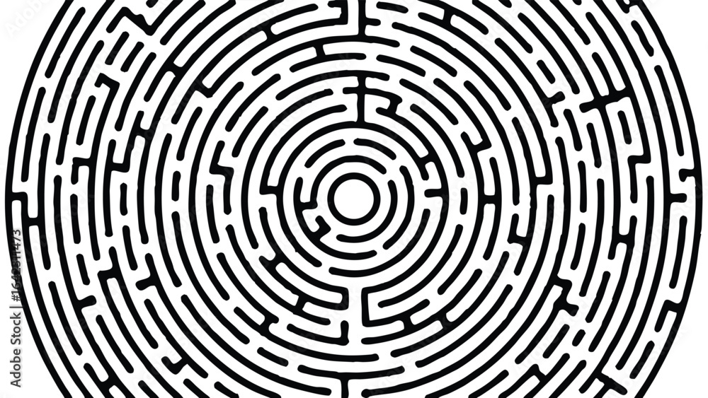 Poster black and white circular maze illustrating complexity and challenging problem solving concepts