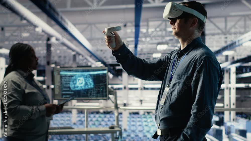Poster programmer in server room wearing vr headset optimizing deep learning systems handling tasks. data c