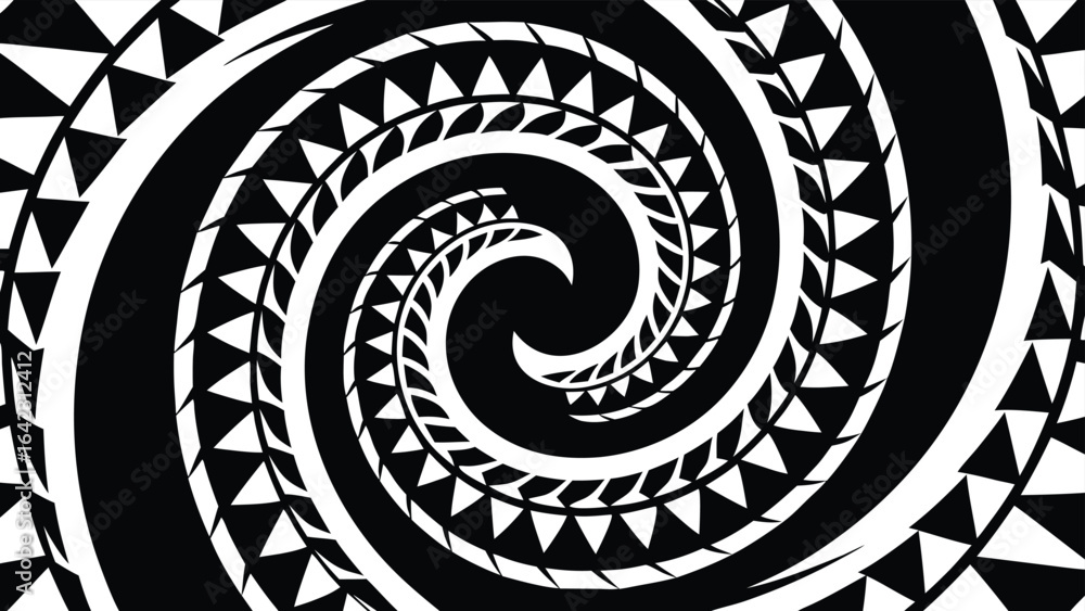 Poster black and white swirling abstract pattern with geometric triangle and spiral elements