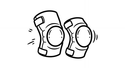 Black and White Illustration of Padded Knee Pads for Sports and Safety on White Background with Motion Lines Conveying Movement in Line Art Style