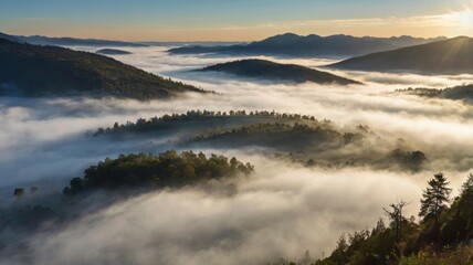 Misty Mountain Sunrise: A Breathtaking Aerial View