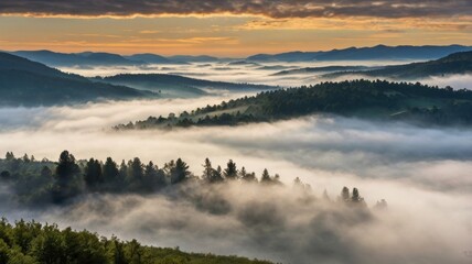 Fototapeta premium Misty Sunrise Over Rolling Hills and Valleys