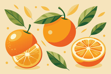 Stylized orange fruit composition featuring whole and sliced citrus elements with leaves and subtle background accents.