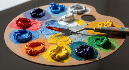 Palette with Vibrant Oil Paints and Palette Knife, Ready for Artistic Creation in Natural Light