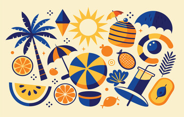 Summer vibes vector illustration of sunshine beach elements with palm trees oranges and refreshing drinks