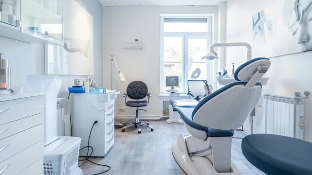 A bright, sterile, modern dental clinic. Equipment is state of the art. There are cabinets and chairs. The room is brightly lit. An abstract image hangs on the wall.
