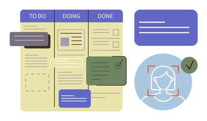 Organized board with To Do, Doing, Done columns, color-coded tasks, user profile verification. Ideal for project management, teamwork, task organization, productivity team roles efficiency simple © robu_s