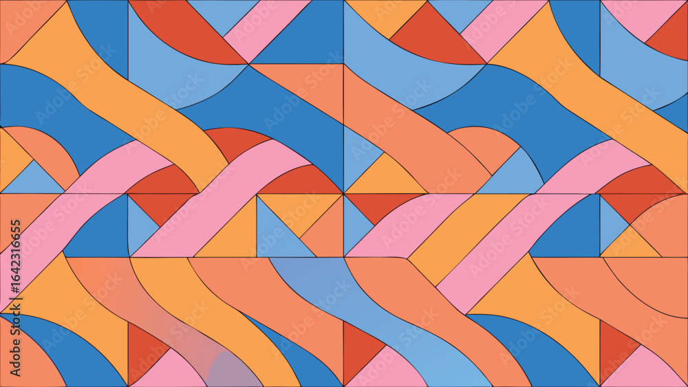 Poster colorful abstract geometric pattern with curved lines and shapes in various pastel colors