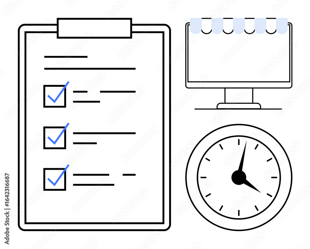 Poster task checklist with checkmarks, desktop monitor, and clock with bold hands. ideal for organization, 