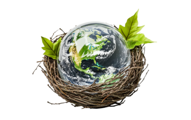 Decorative glass earth sphere placed in natural twig nest representing harmony between nature and the planet isolated on transparent background PNG