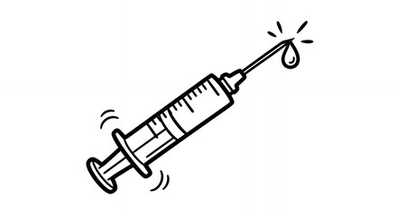 Black and White Line Art of a Syringe with a Needle and Hanging Drop in Simple Style Medical Health Illustration