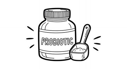 Black and White Line Art of Probiotic Supplement Bottle with Scoop on Plain White Background