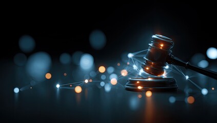 Gavel on a dark background with digital network