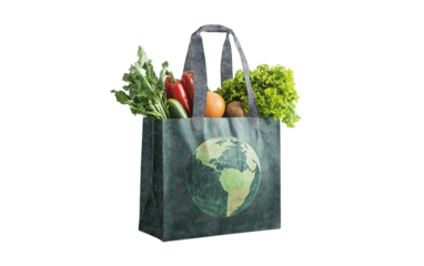 Recyclable shopping bag with green Earth print promoting eco friendly living and environmental responsibility isolated on transparent background PNG