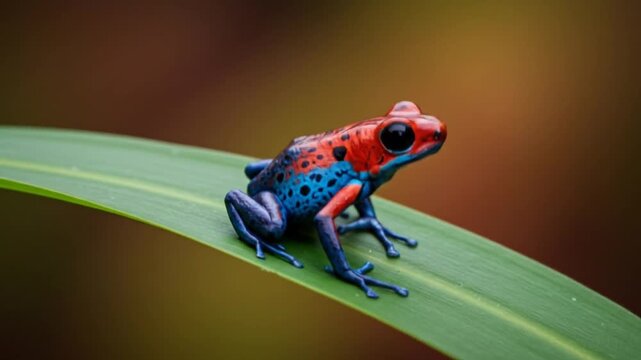 Captivating poison dart frog on green leaf in the amazon rainforest canopy video