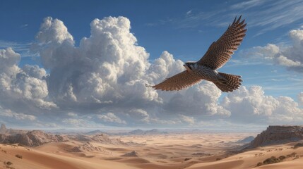 Naklejka premium Hawk soaring above desert landscape