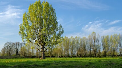 Obraz premium Towering Poplar Trees: Fast-Growing Species with Slender Trunks, Fluttering Leaves, and Iconic Silhouettes, Thriving in Forests, Riverbanks, and Urban Landscapes, Capturing Natural Elegance for Arbori