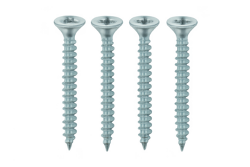 Four metal screws standing on transparent background