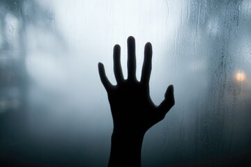 A hand reaching out through a misty window