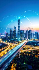 Naklejka premium Modern cityscape at night with connectivity