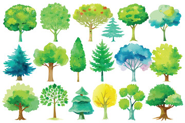 Watercolor trees collection illustrating diverse tree species with vibrant green and yellow foliage on white