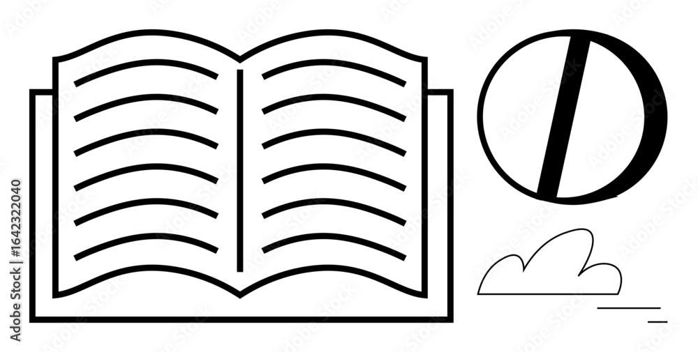 Aufkleber open book with lined pages, a modern abstract circle complementing a stylized cloud. ideal for educa