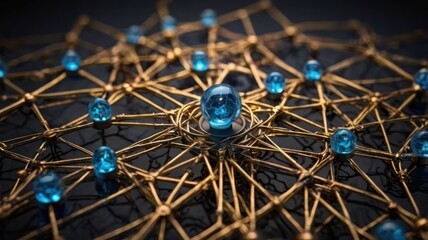 Network of interconnected blue nodes on a gold grid