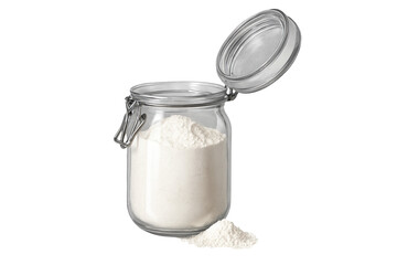 Open Glass Storage Jar with a Clip-Top Lid Filled with Flour