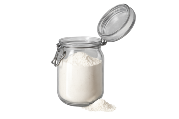 Open Glass Storage Jar with a Clip-Top Lid Filled with Flour