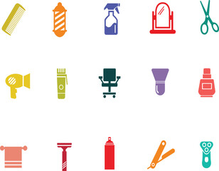 Set ikon barber shop dengan alat cukur, sisir, gunting, dan aksesori rambut. Cocok untuk desain branding salon, poster, dan ilustrasi vektor