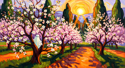 Adorable ghost peeking from pink blossoming tree along sunlit orchard path under golden sunset sky, textured impasto painting, perfect for 4K wallpaper or Halloween wall art TV frame Art