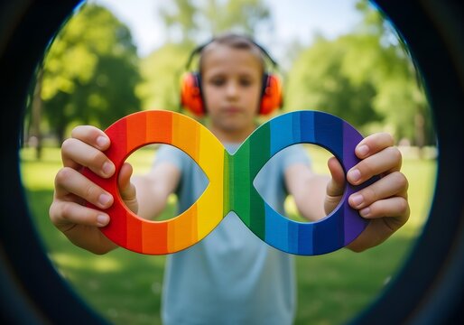 Autistic child boy holding rainbow infinity symbol autism ADHD neurodiversity awareness concept outdoor - Powered by Adobe