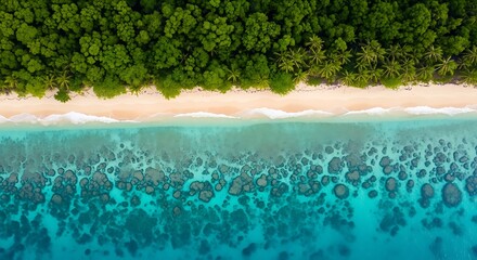 Aerial view of tropical island coastline with sandy beach, lush green jungle, and turquoise ocean with coral reef