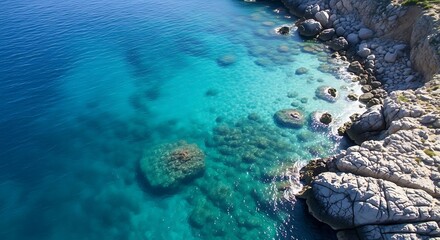 Aerial view of a rocky coastline with clear blue ocean water and submerged rocks