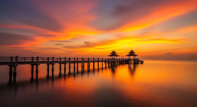 Wooden pier with gazebos extending into the calm sea during a vibrant orange and yellow sunset - Powered by Adobe