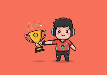 Animated character esports winner celebrates holding gold trophy