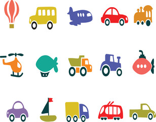 Bright and colorful cartoon vehicle collection including cars, buses, bikes, ships, and planes. Perfect for kids’ designs, educational projects, posters, and vector illustrations