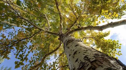 Fototapeta premium Towering Poplar Trees: Fast-Growing Species with Slender Trunks, Fluttering Leaves, and Iconic Silhouettes, Thriving in Forests, Riverbanks, and Urban Landscapes, Capturing Natural Elegance for Arbori