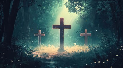 Three crosses are in a forest