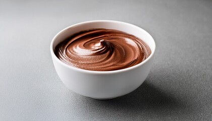 creamy chocolate mousse dessert in a white bowl on gray background