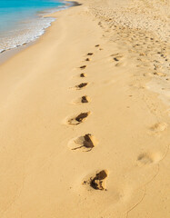 Footprints in the beautiful, soft golden sandy beach next to an azure ocean in Barbados