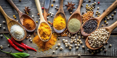 Wooden spoon resting against a worn rustic stone, surrounded by various Asian ingredients like lotus seeds, sesame seeds and turmeric powder, turmeric powder, rustic background