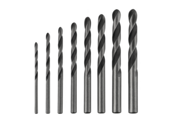 Set of drill bits increasing in size on transparent background