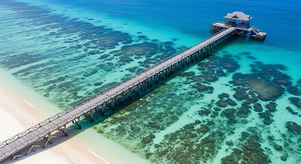 Aerial view of a long wooden pier extending over clear turquoise water with coral reefs below