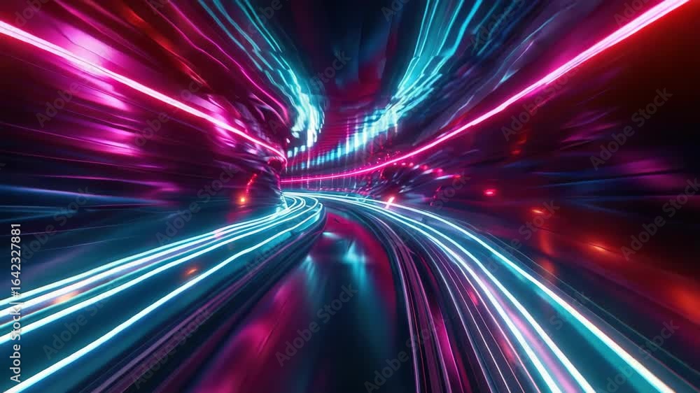 Poster A digital tunnel with neon lights speeding by. The effect is a sensation of high-speed motion, creating an abstract and vibrant .