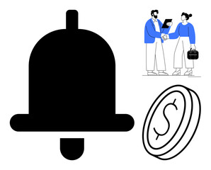 Black bell icon symbolizes notifications. Two professionals shaking hands signify agreement or partnership. Coin element represents finance and wealth. Ideal for alert, business, financial