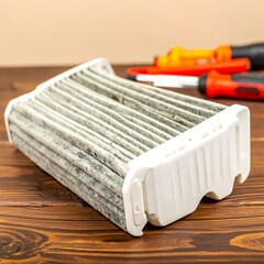 Dirty air filter on wooden surface (1)