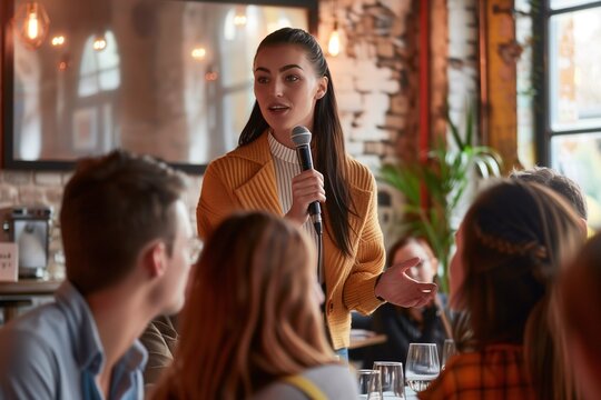 Woman holding microphone while speaking to small group, business networking event.