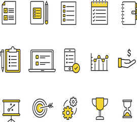 Business and planning icon set featuring checklist, notebook, charts, target, and trophy. Perfect for project management, goal tracking, corporate strategy, and success visualization
