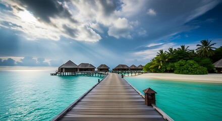 Fototapeta premium Wooden pier leading to overwater bungalows with a dramatic cloudy sky at sunset
